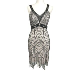 Sue Wong | Dresses | Sue Wong Nocturne Taupe Beaded Blouson Drop Waist Cowl  Back Cocktail Dress Sz2 | Poshmark